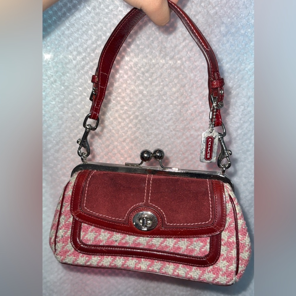 vintage Coach houndstooth tweed and suede kisslock bag